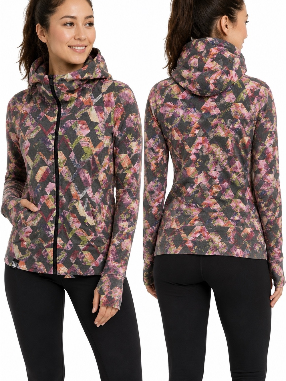 Bench Geometric Floral Hooded Zip Jacket - Pink & Gray Size S Activewear